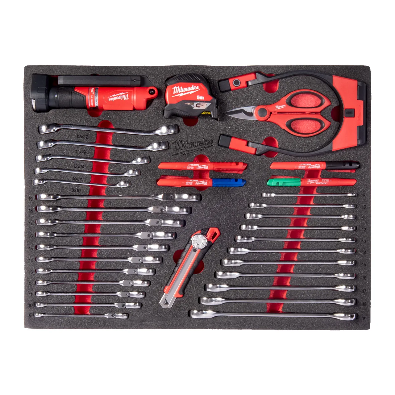 36 pc Spanner, Lights, Cutting and Measuring Set Foam Insert Set de 36 pièces avec insert en mousse pour clés, éclairage, coupe et mesure
