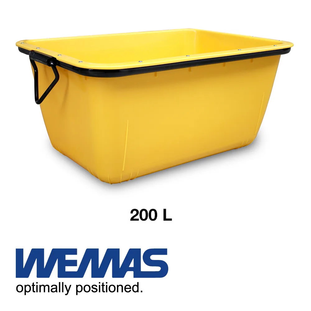 Auge à mortier - rectangulaire, grutable, GS-TÜV 700 kg, jaune - 200 L - WEMAS