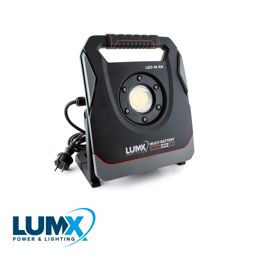 LUMX Lampe de chantier LED - M-65 MULTI-BATTERY HYBRID, 65 W, IP 65, 6 adaptateurs - H07RN-F, 3 m